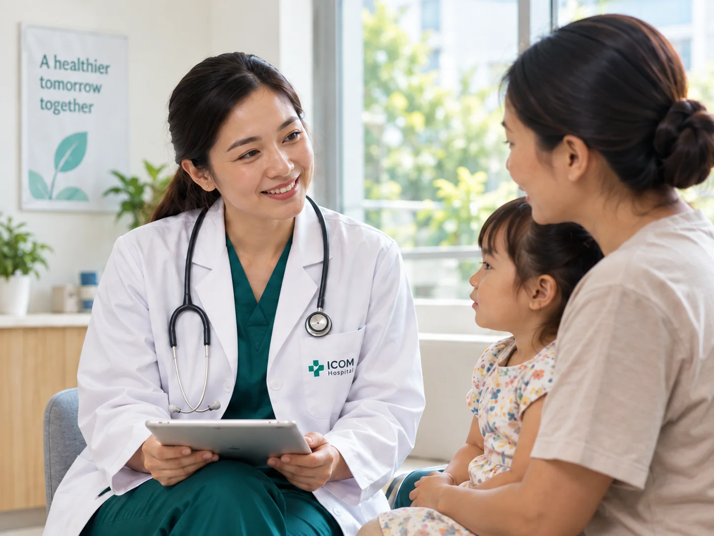 Illustration of a doctor welcoming a mother and child.